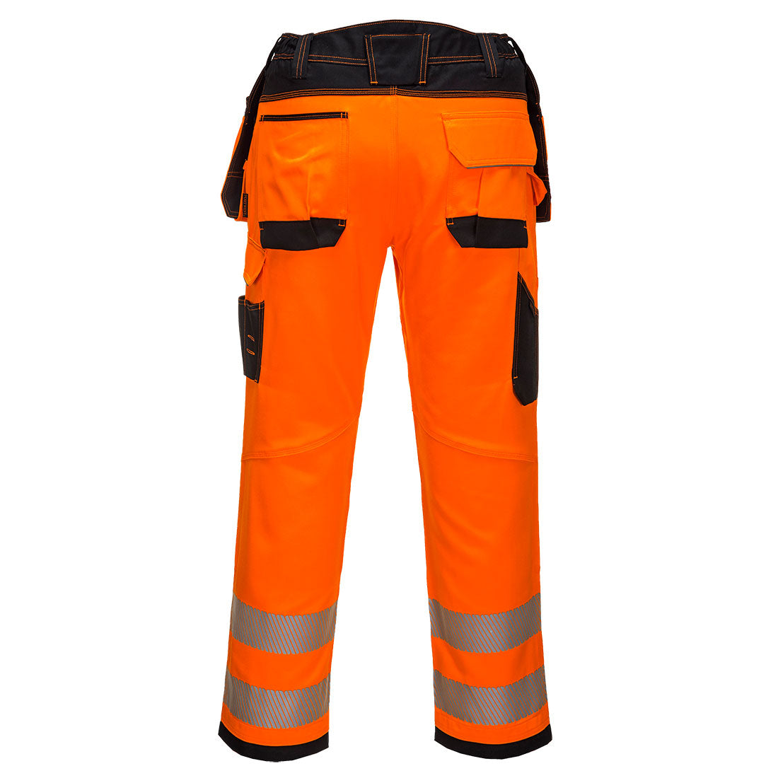 Back view of Portwest PW3 Hi-VIS holster trousers in orange with black accents and reflective leg bands.