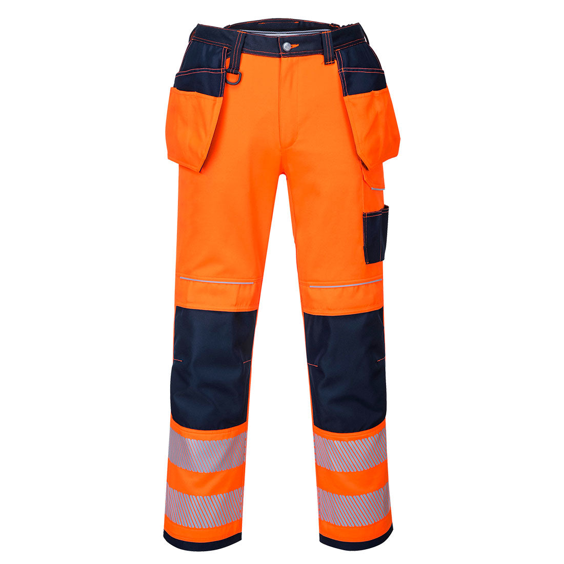 Portwest PW3 Hi-VIS Holster Trousers in orange and navy with multiple pockets and reflective tape on legs.