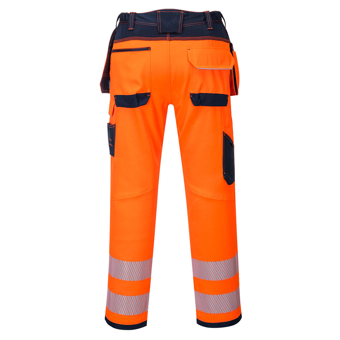 Back view of Portwest PW3 Hi-VIS holster trousers in orange with navy pockets and reflective leg bands