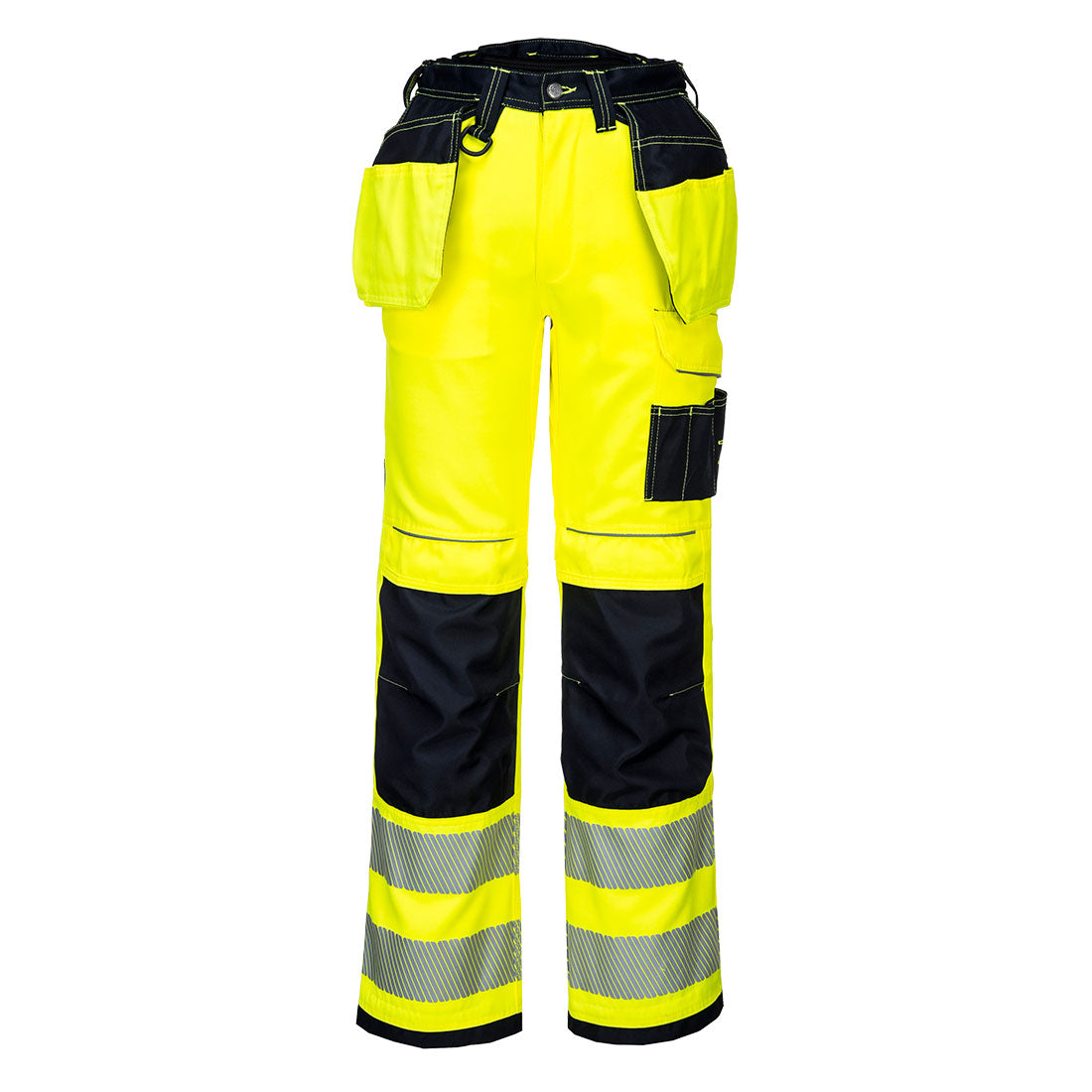 Yellow and black Portwest PW3 Hi-VIS holster trousers with multiple pockets and reflective leg bands.