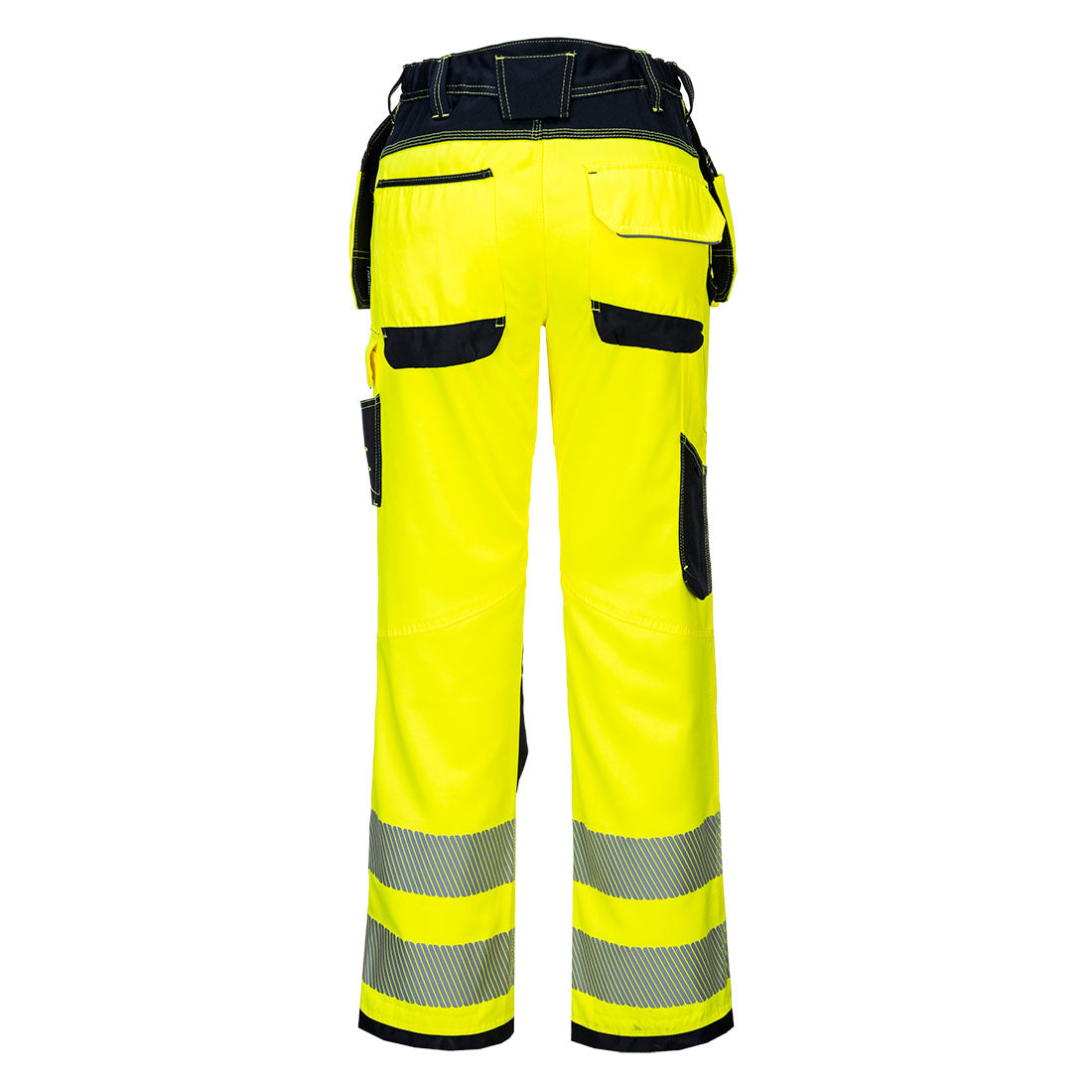 Portwest PW3 Hi-VIS holster trousers in yellow and black, rear view with reflective bands on legs.