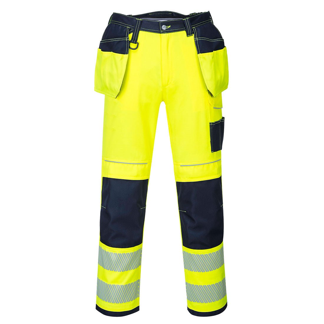 Portwest PW3 Hi-VIS Holster Trousers in yellow and navy with multiple pockets and reflective stripes.