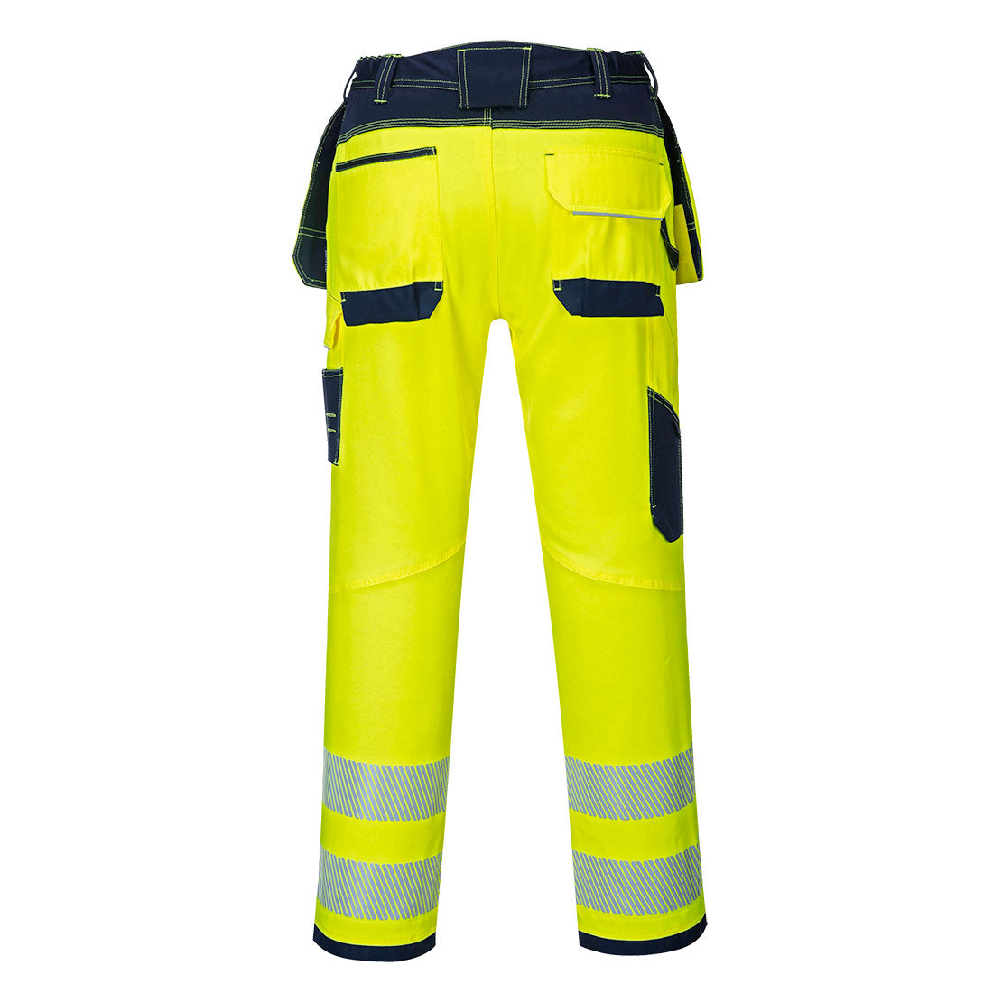 Back view of Portwest PW3 Hi-VIS Holster Trousers in yellow and navy with reflective leg bands and multiple pockets.