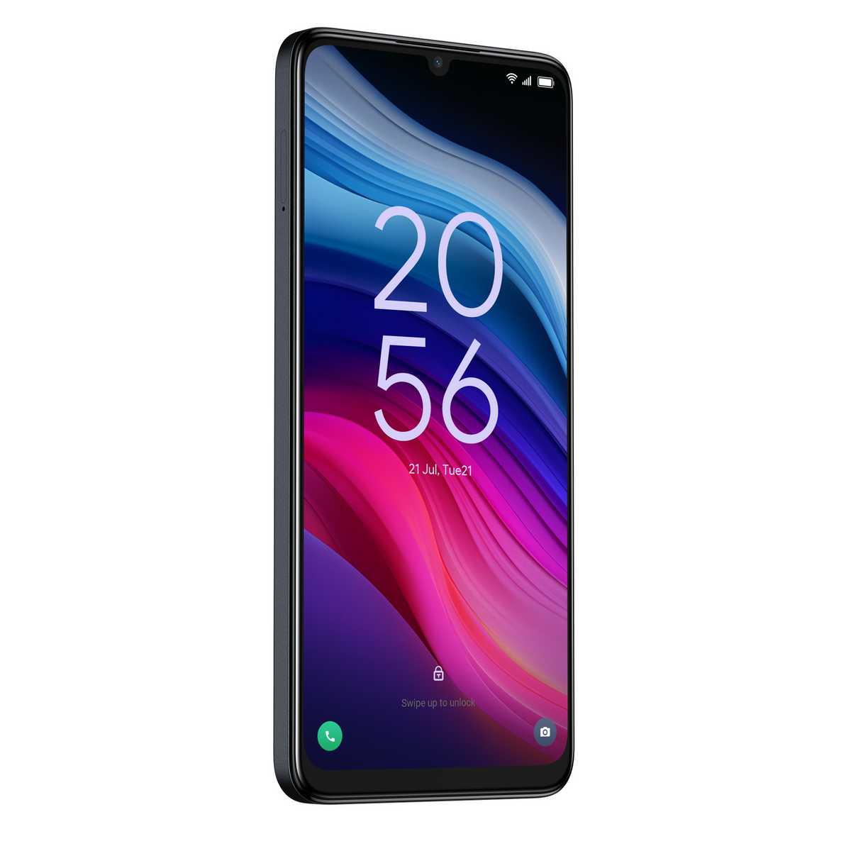 TCL 505 Space Grey smartphone angled front view showing colorful lock screen with time and date.