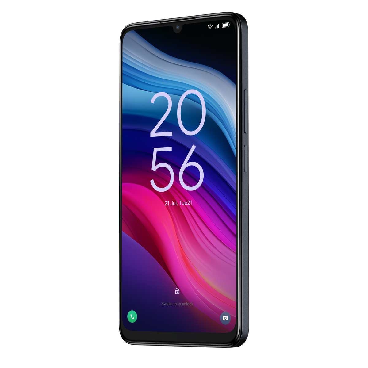 TCL 505 Space Grey smartphone angled view showing colorful lock screen and side buttons.