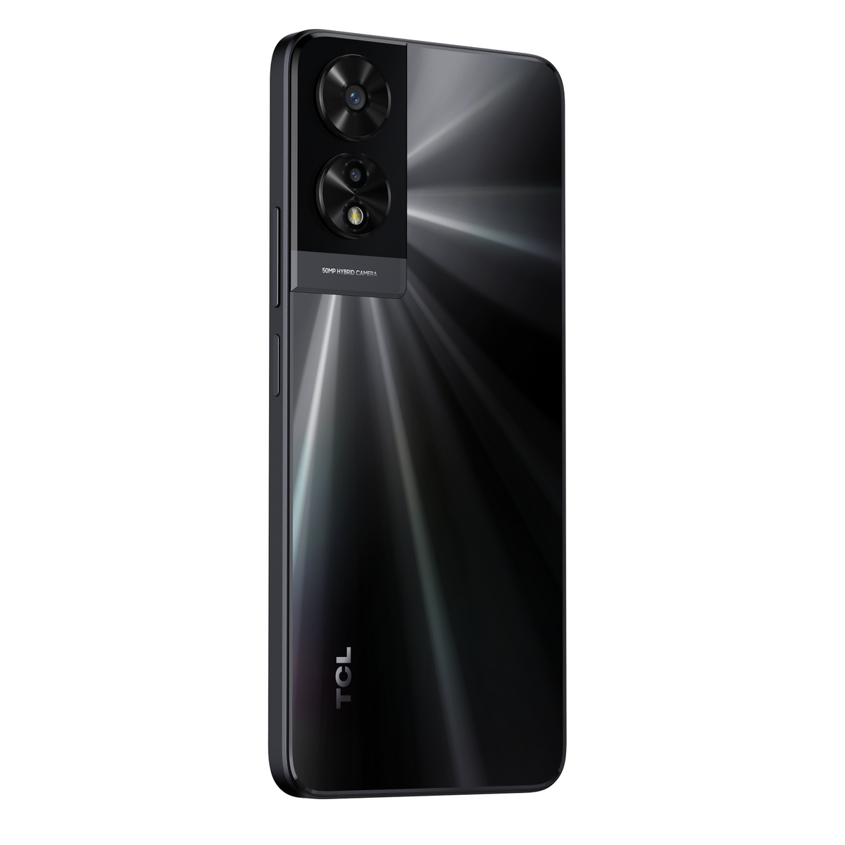 TCL 505 Space Grey smartphone back view showing dual camera module and reflective finish with TCL logo