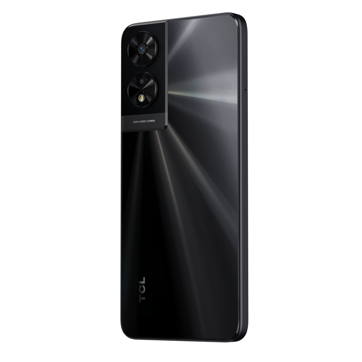 TCL 505 Space Grey smartphone back view showing dual camera module and reflective finish