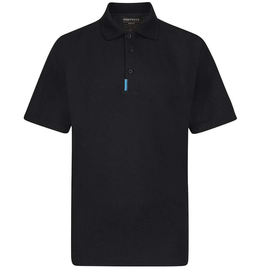 Black Portwest WX3 polo shirt with short sleeves, button placket, and blue placket loop detail.
