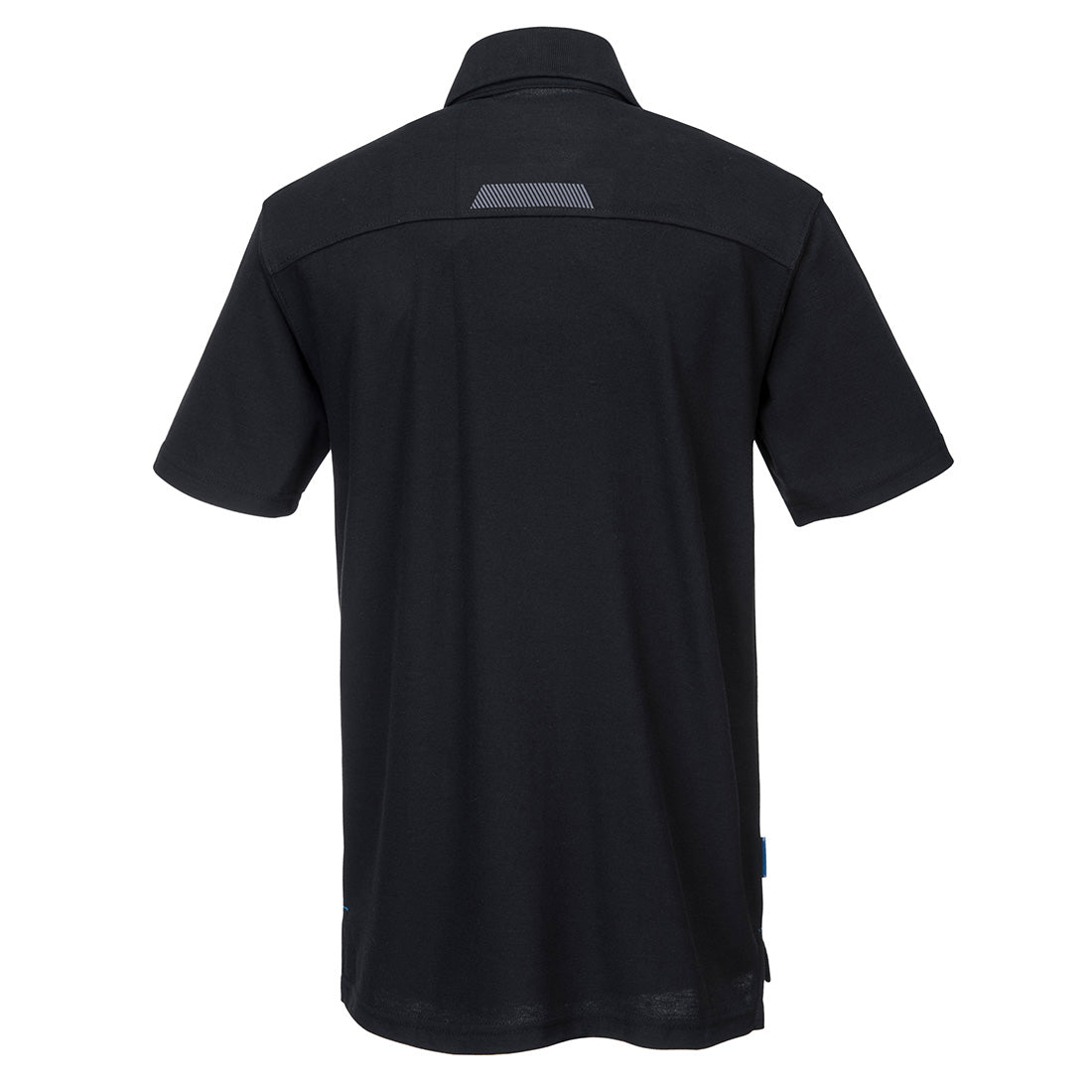 Back view of a black Portwest WX3 Polo Shirt with short sleeves and a small reflective strip below the collar.