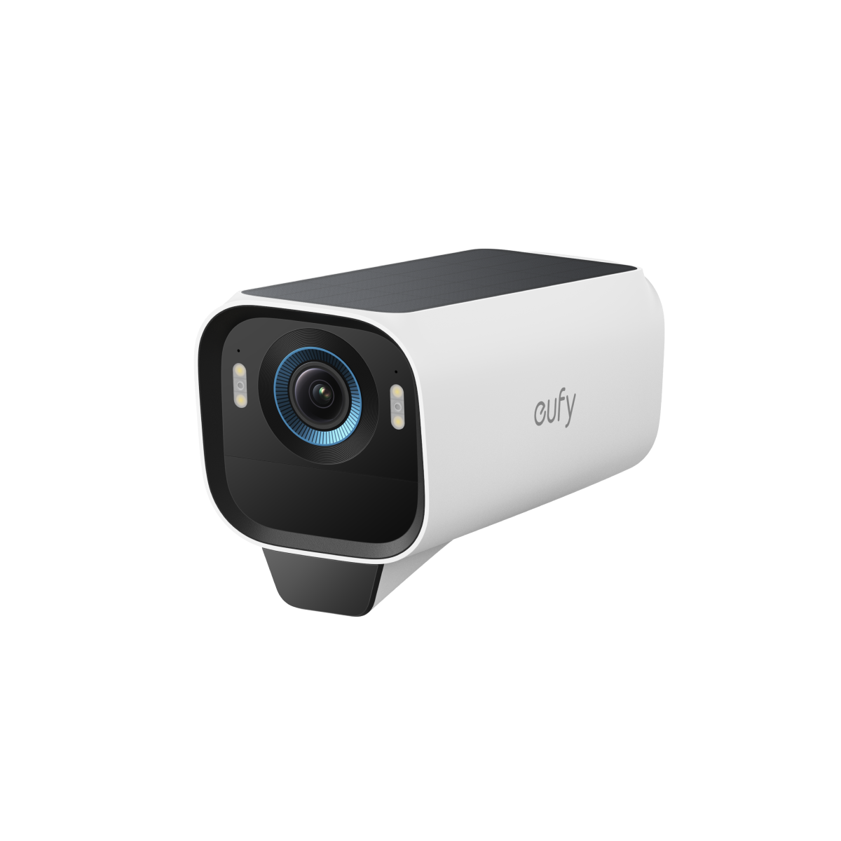 EufyCam S3 Pro security camera in white with black front, featuring a central lens and two small LED lights on each side.