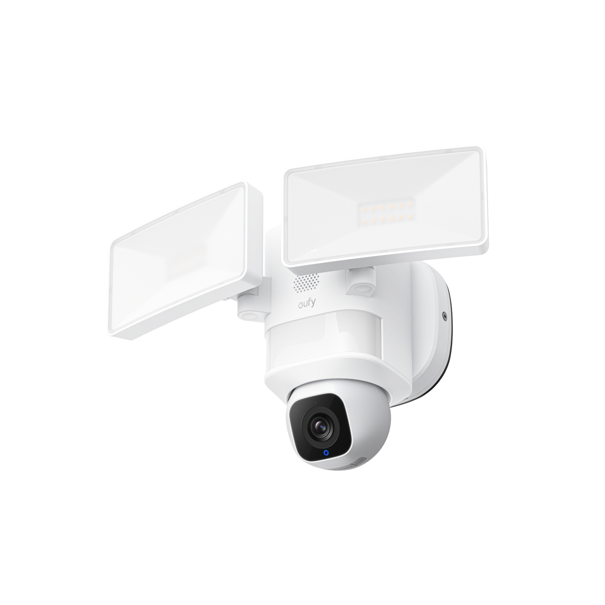 White eufy Floodlight Camera E30 with dual rectangular floodlights and a 360° pan-and-tilt security camera.