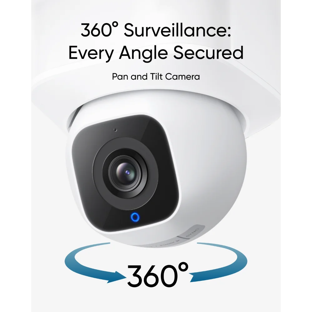 Close-up of Eufy Floodlight Camera E30 showing its pan and tilt lens with 360-degree rotation arrows.