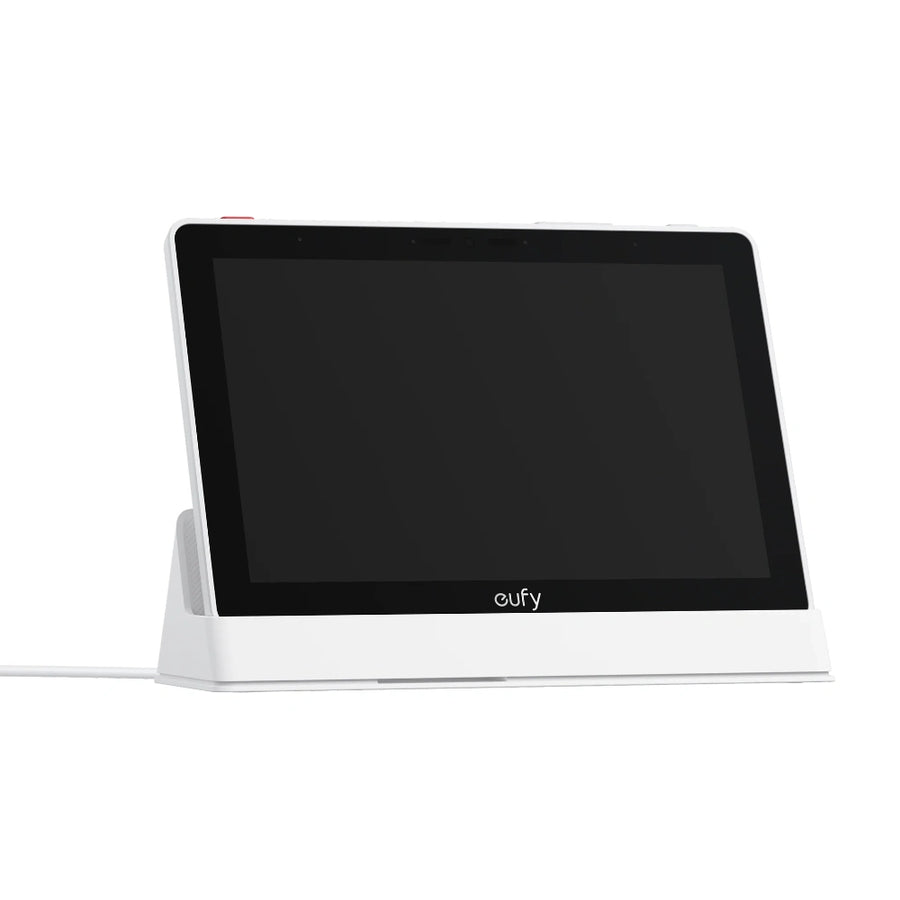 Eufy Smart Display E10 Online Edition in white, front angled view with screen off on a white stand
