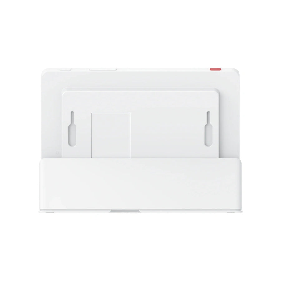 Rear view of the white Eufy Smart Display E10 Online Edition showing mounting slots and buttons.