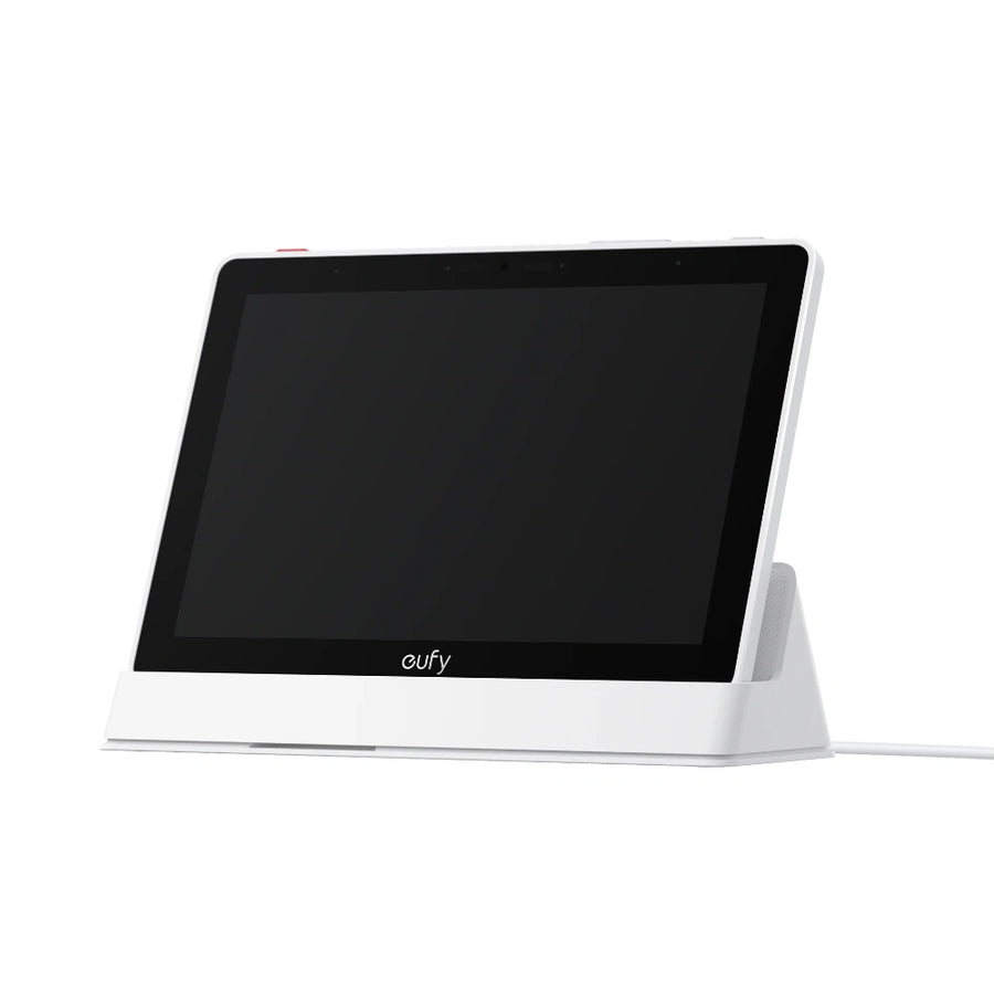 Eufy Smart Display E10 Online Edition in white, angled right, showing screen and base with power cable.