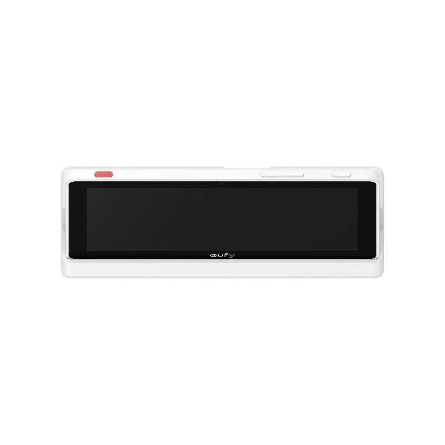 Eufy Smart Display E10 Online Edition in white, front view with black screen and red indicator light.