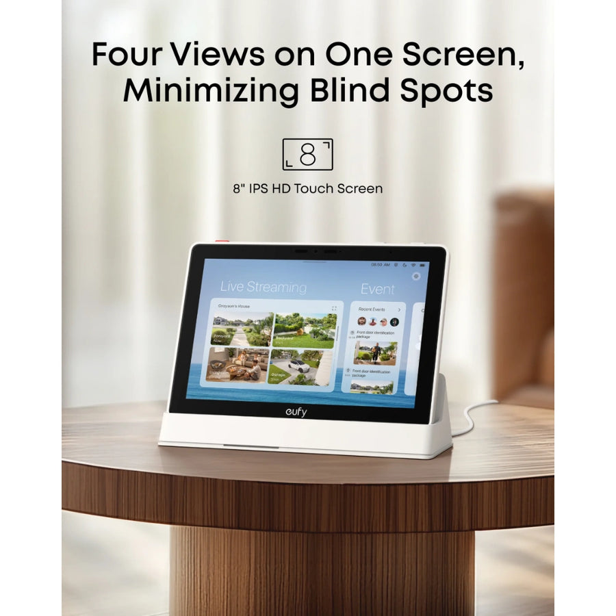 Eufy Smart Display E10 in black and white on a wooden table showing live streaming and event screens.