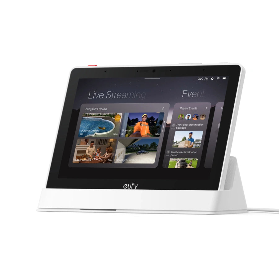 Eufy Smart Display E10 black and white showing live streaming security camera feeds on 10" touchscreen.