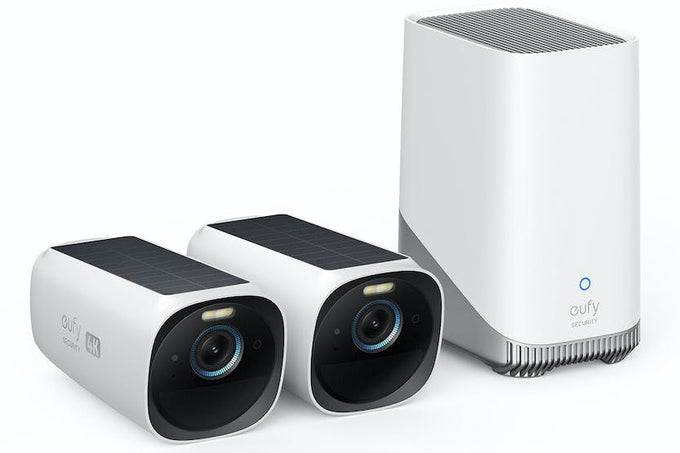 Eufy S330 eufyCam 2 security camera with 4K resolution, built-in solar panels, AI facial recognition, and expandable storage