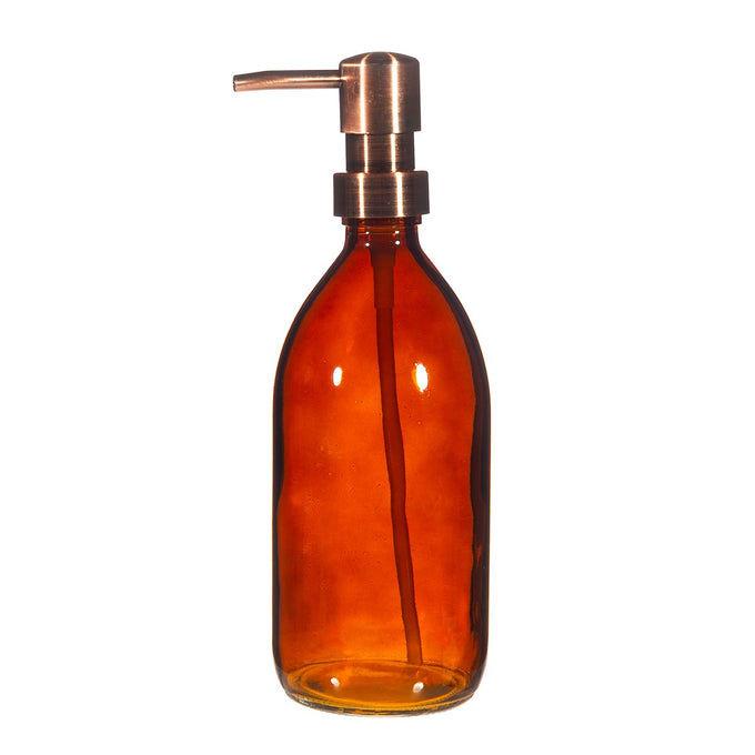 Amber glass refillable bottle with pump, 500ml capacity, brown, eco-friendly design by Sass & Belle - Keans Claremorris