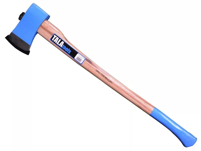 Tala 5lb felling axe with blue painted carbon steel head and curved hickory handle with TalaTools label.