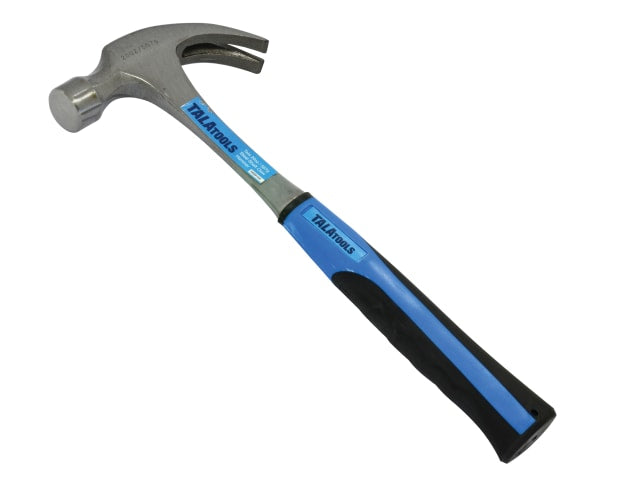 Tala 16oz steel shaft claw hammer with blue and black ergonomic grip and drop-forged head.