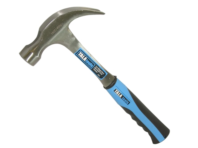 Tala 16oz steel shaft claw hammer with blue and black grip handle on white background