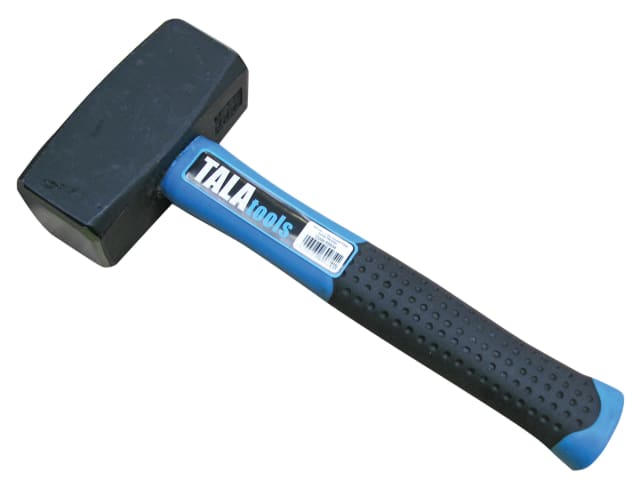 Tala 3lb square face lump hammer with black head and blue rubber grip handle, angled view on white background
