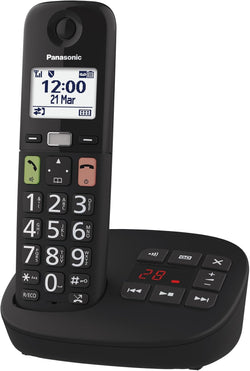 Panasonic KX-TGU130EB big button cordless phone with answering machine, loud ringer, call block, hearing aid compatible –