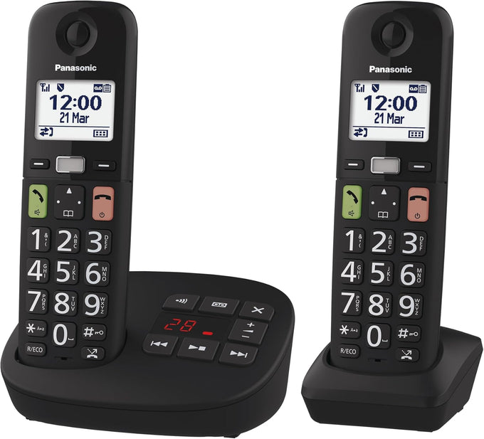 Panasonic KX-TGU132EB cordless phone twin pack with answering machine, big buttons, loud ringer, call block – Keans