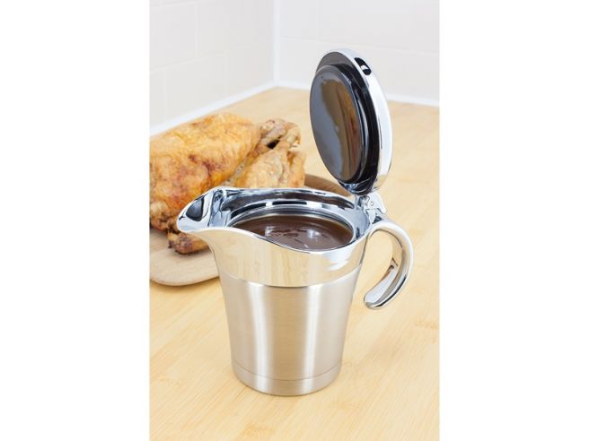 Judge double walled stainless steel gravy pot with lid open, filled with gravy on wooden surface