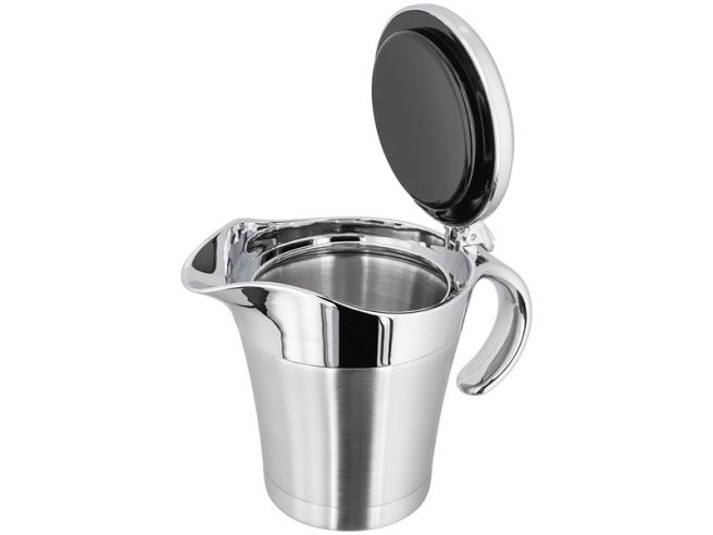 Judge double-walled stainless steel gravy pot with open hinged lid and curved handle, 450ml capacity.