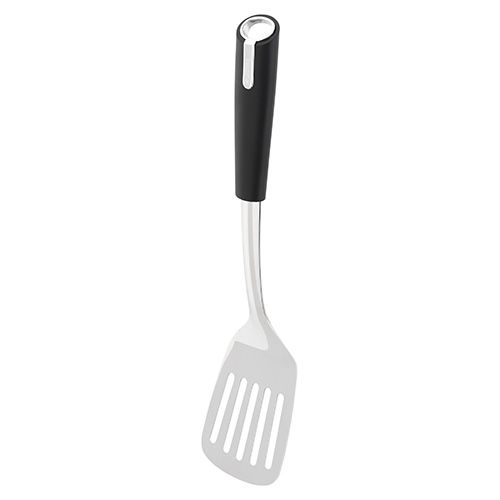 Judge Black Satin Slotted Turner with hanging loop, dishwasher safe, sleek design for flipping and draining food – Keans