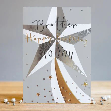 LT Brother Birthday card with a large silver and gold star design on textured grey card.