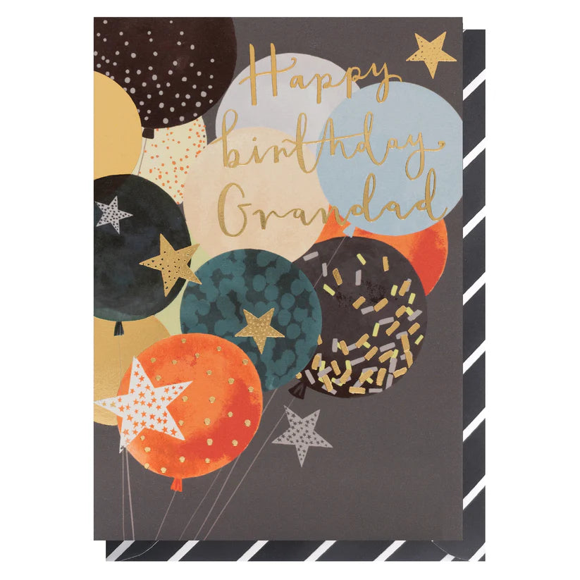 LT Grandad Birthday Balloons card with colorful balloon designs and gold foil "Happy birthday Grandad" text on textured card.