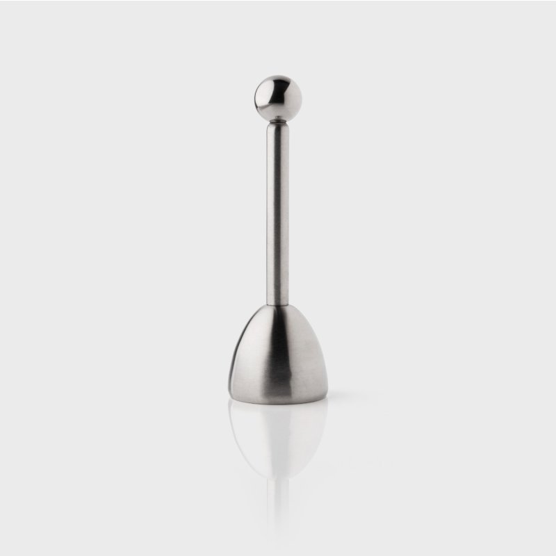 Stainless steel egg topper with a rounded handle and a bell-shaped cutting edge on a white background.