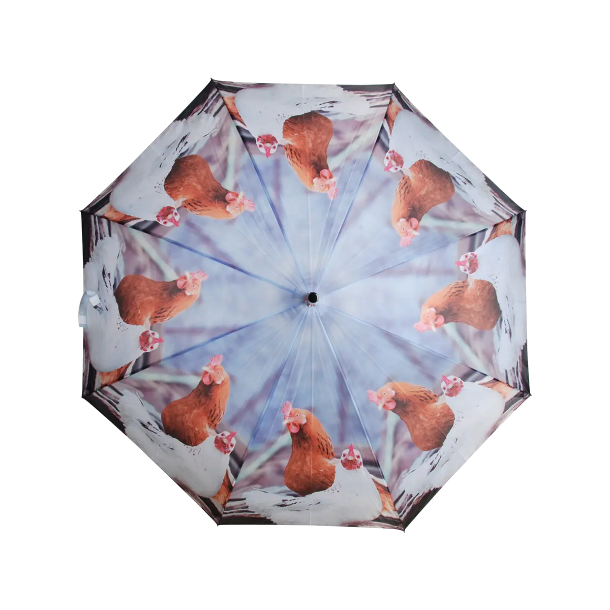 Open Esschert umbrella with repeating farm animal design featuring brown and white chickens on a blue background