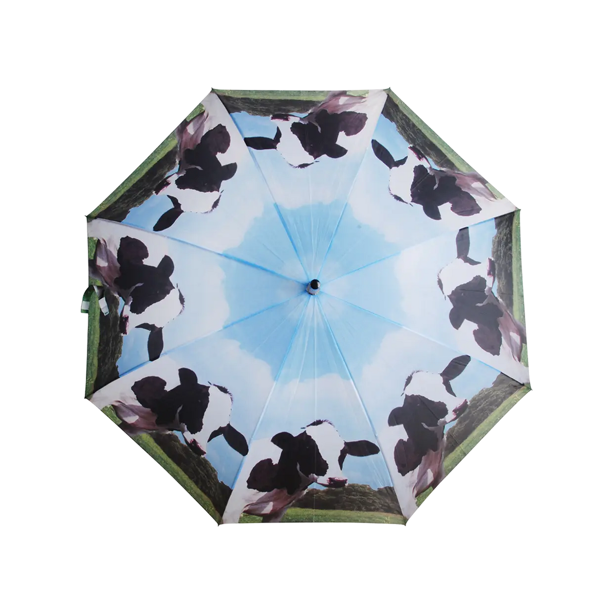 Open Esschert umbrella with farm animal print featuring black and white cows on a blue sky background