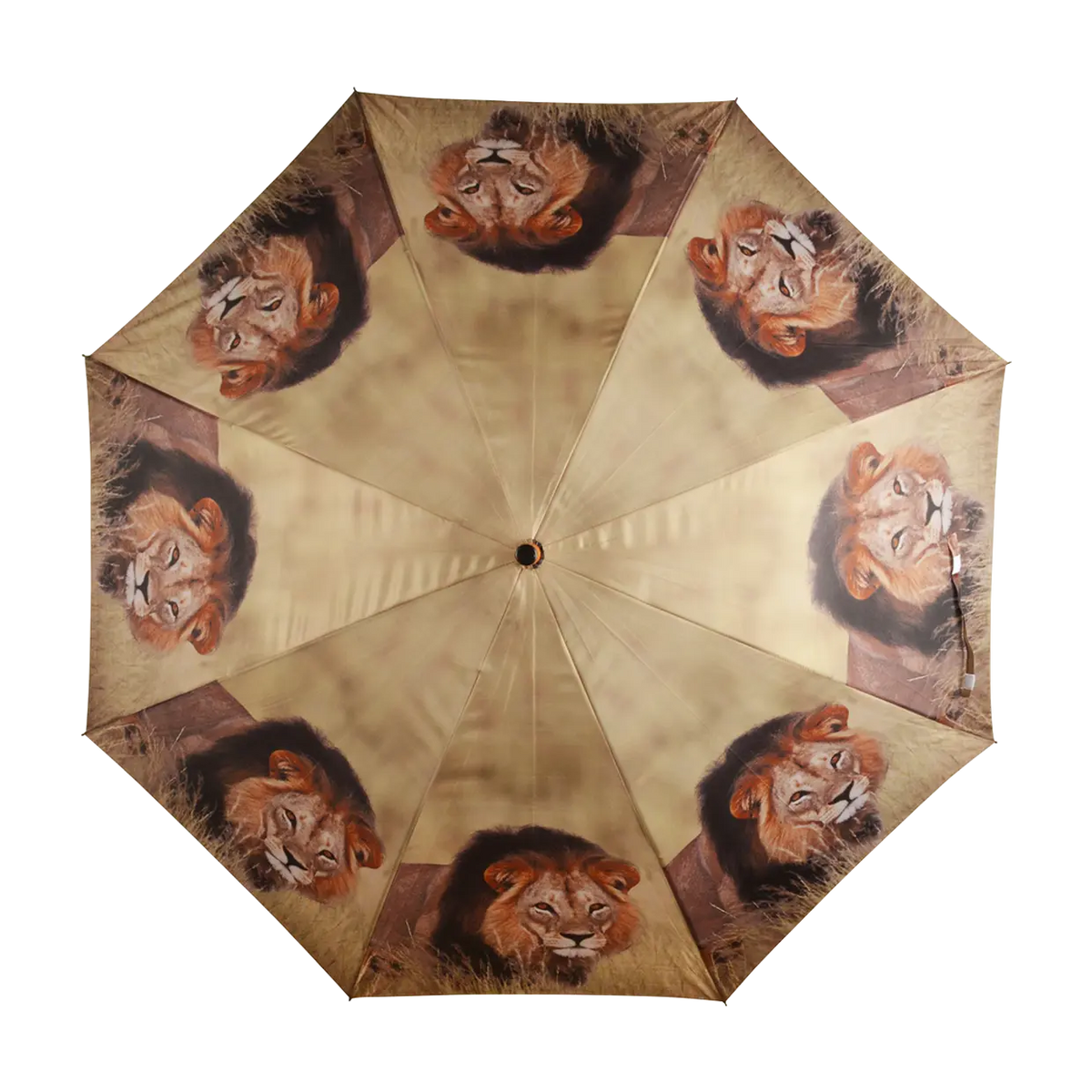 Umbrella with repeating lion face design on a beige background, viewed from above.