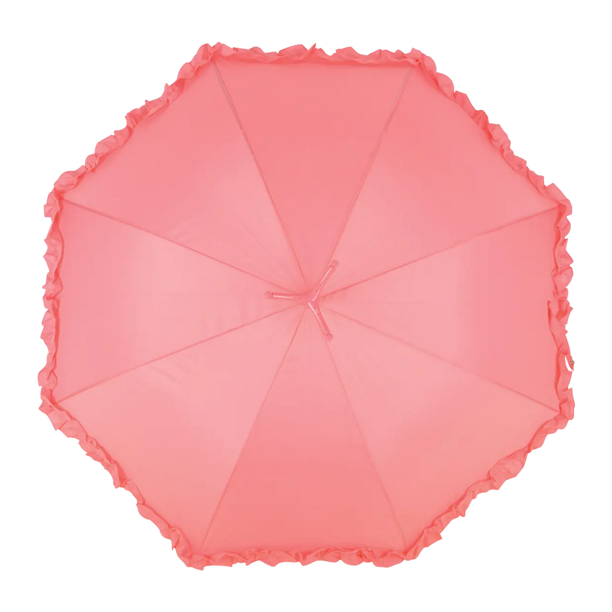 Top view of a flamingo pink umbrella with ruffled edges opened fully