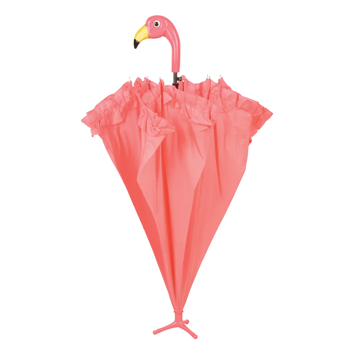 Closed pink umbrella with ruffled edges and a flamingo-shaped handle and feet stand.