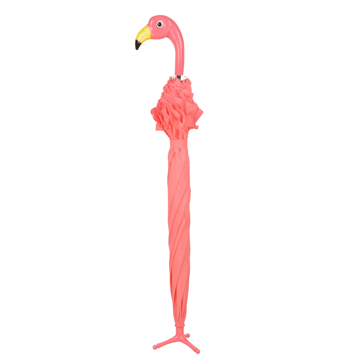 Closed pink umbrella with a flamingo-shaped handle and ruffled fabric near the top.