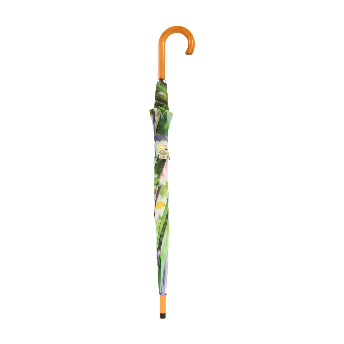 Closed Esschert umbrella with a wooden curved handle and floral patterned fabric cover.