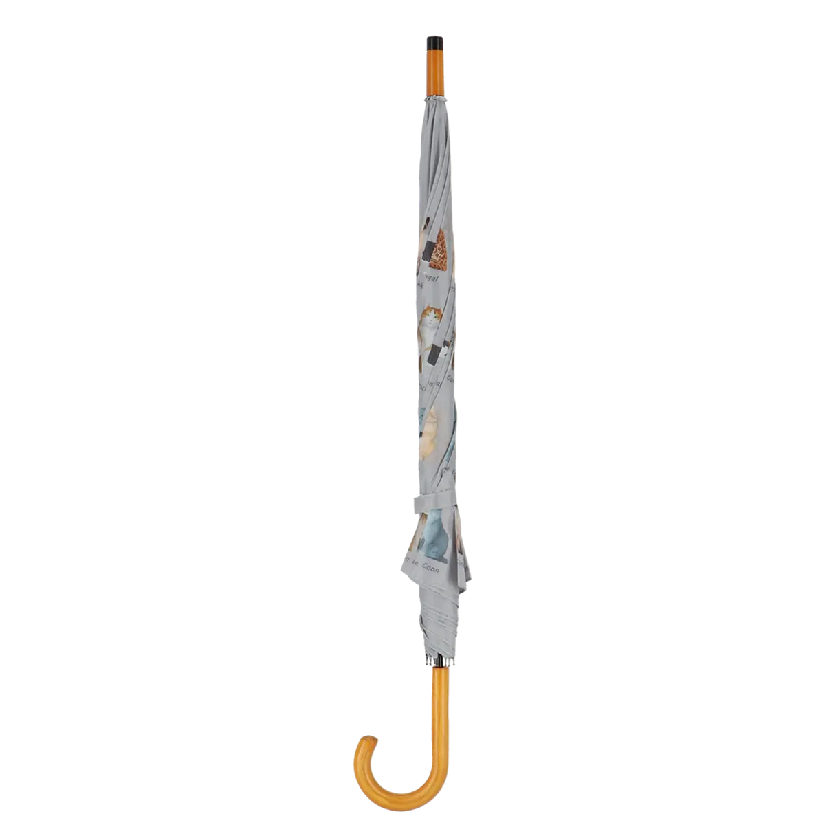 Closed Esschert umbrella with wooden curved handle and cat illustrations on gray fabric