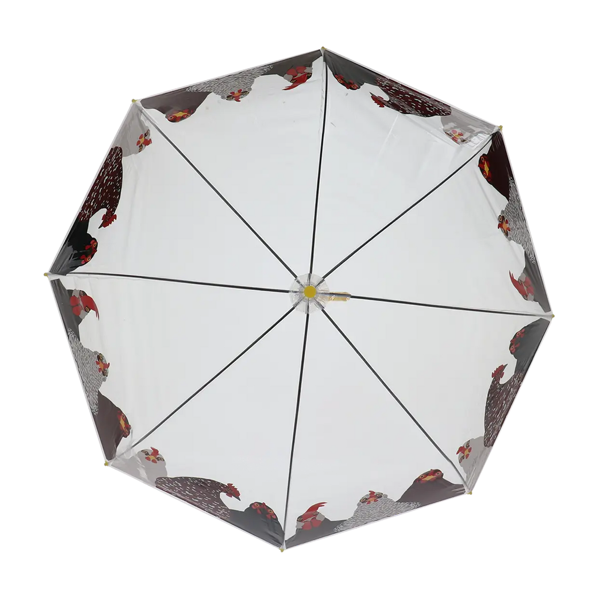 Transparent umbrella with black and white chicken illustrations around the edges