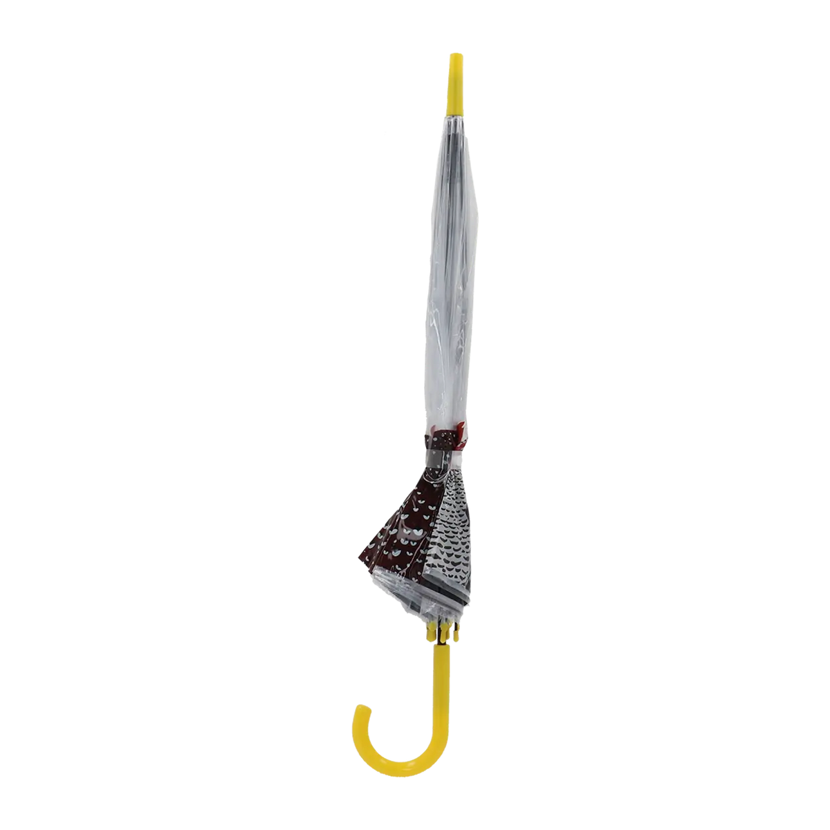 Closed transparent umbrella with black and white chicken patterns and a yellow curved handle