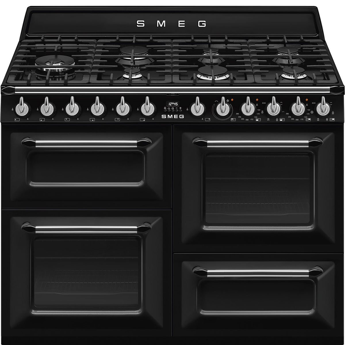 Black Smeg 110cm Victoria range cooker with four ovens, nine control knobs, and seven gas burners on top.