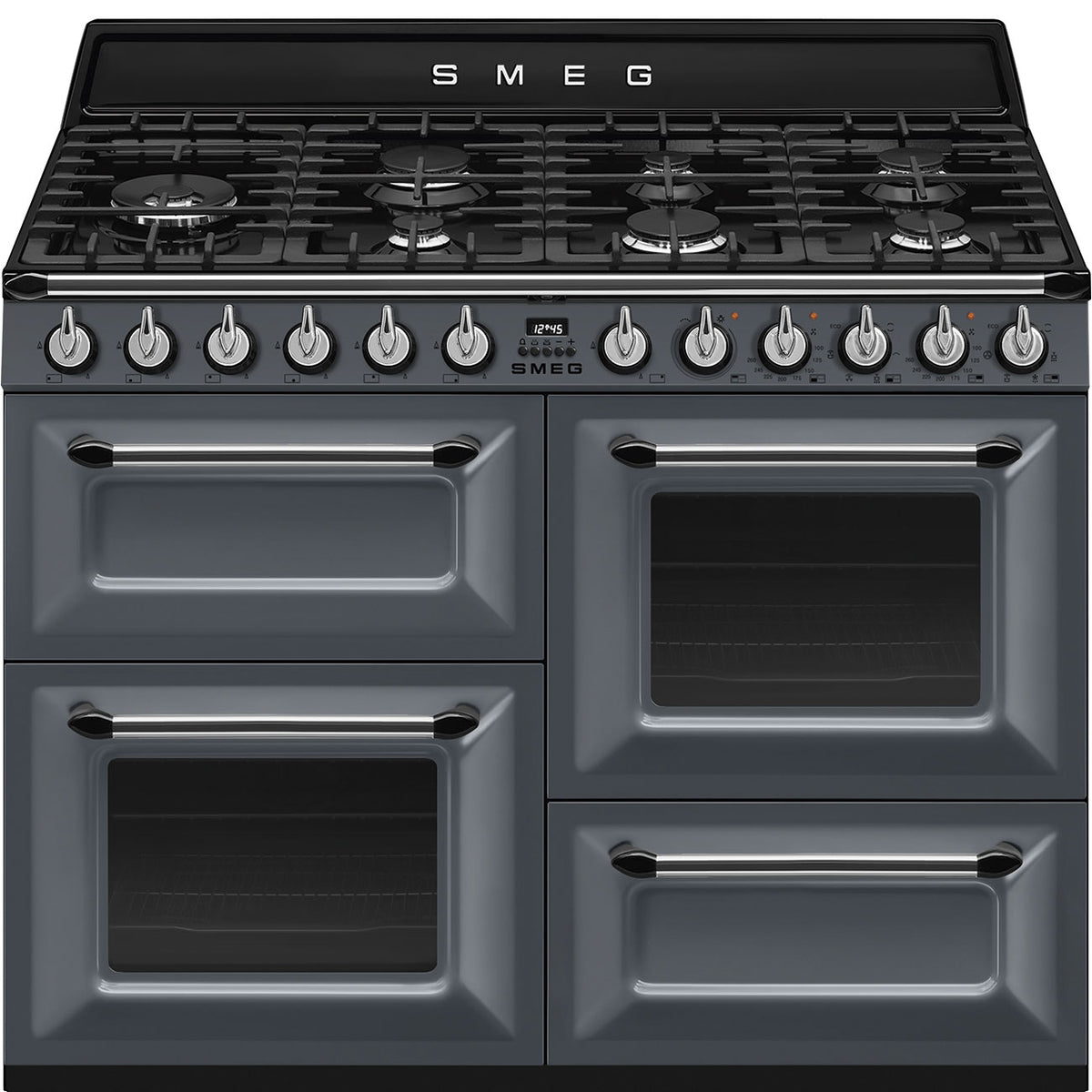 Smeg 110cm Victoria range cooker in grey with four ovens and seven gas burners on top