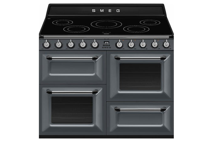 Smeg TR4110I Olive Green 110cm Victoria Range Cooker with 5-zone induction hob and multifunction ovens, available at Kean’s