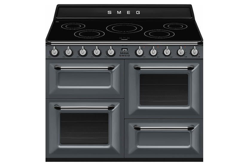 Smeg TR4110I Olive Green 110cm Victoria Range Cooker with 5-zone induction hob and multifunction ovens, available at Kean’s